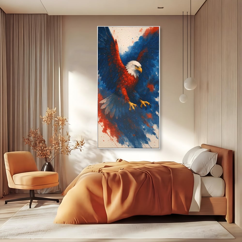 Tablou canvas cu tablou canvas vultur in zbor, in rama de aluminiu argintiu, pe perete intr-un dormitor